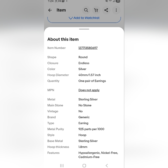Designer Inspired Solid 925 Sterling Silver 40mm Medium clasp-less Hoop Earrings - Picture 4 of 4